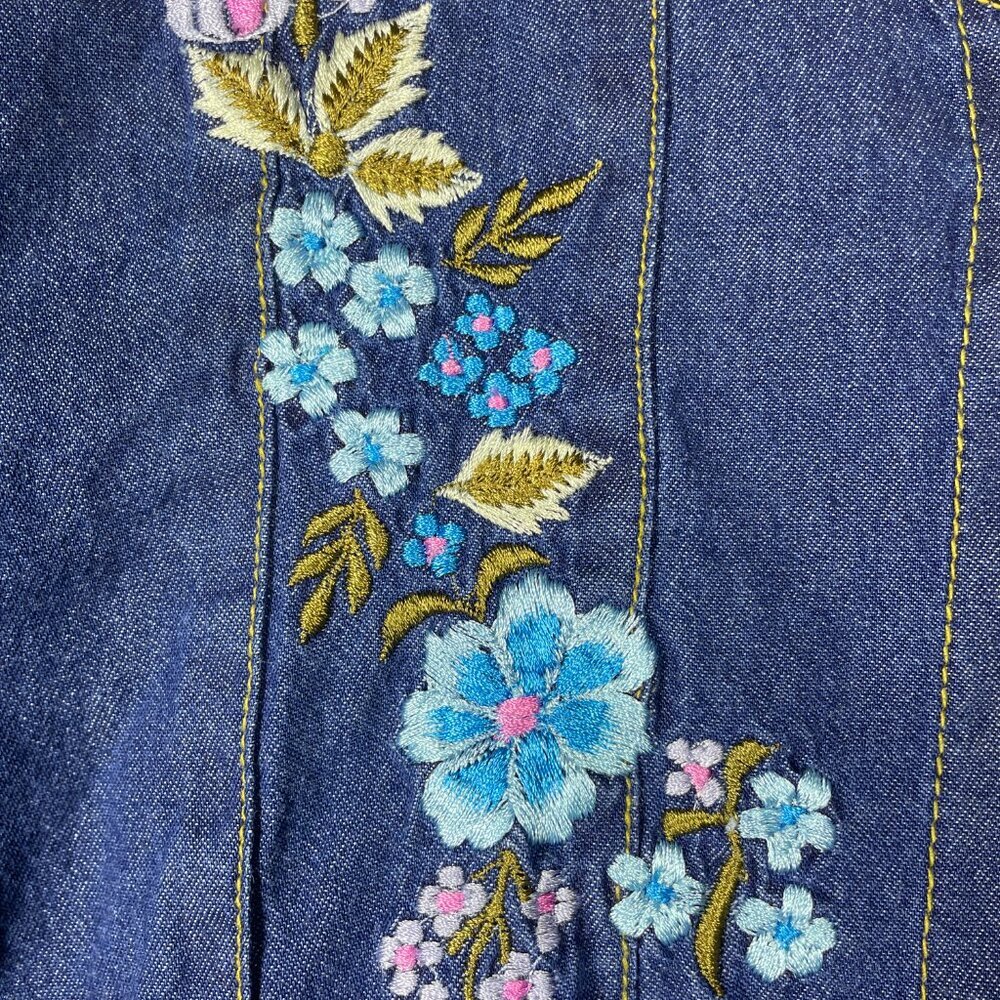 Vintage 90s Blair Denim Maxi Dress Floral Embroidery Button Front A-Line Medium! - Picture 4 of 8